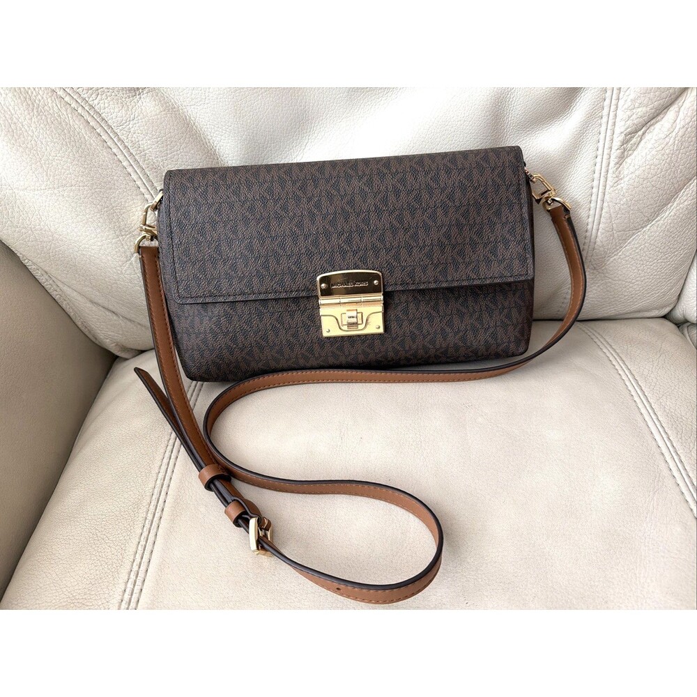 Michael Kors Crossbody Bag Addie Medium Signature Logo Leather Brown